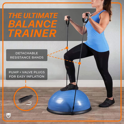 Half Balance Ball - Yoga Ball Balance Trainer for Core Stability & Full Body Workout at Home or Gym - Resistance Bands,